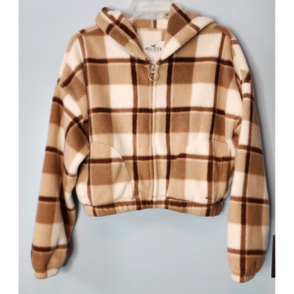Hollister Plaid Fleece Cropped‎ Hoodie Jacket Women's Size S Brown Pockets Cozy